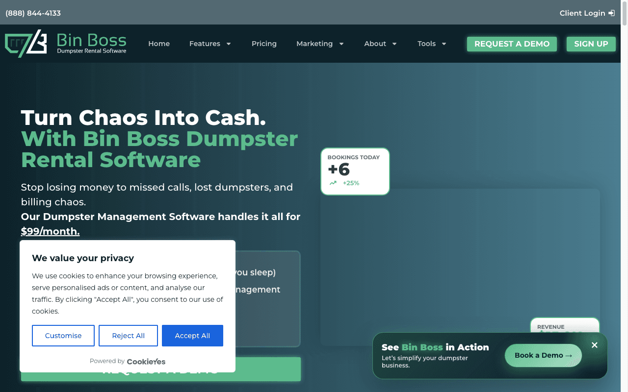 Bin Boss dumpster rental software website homepage and dispatch software preview