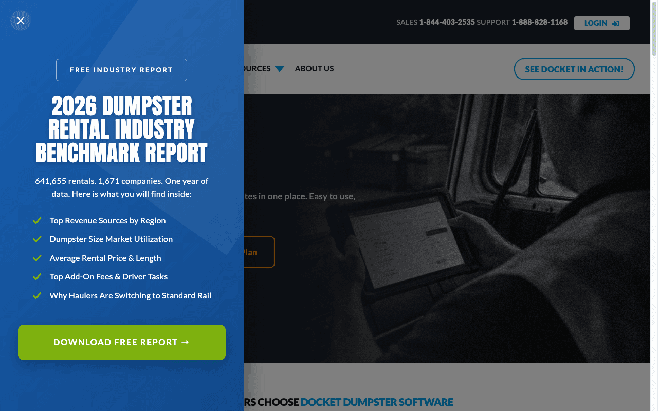 Docket dumpster rental software website homepage and dispatch software preview