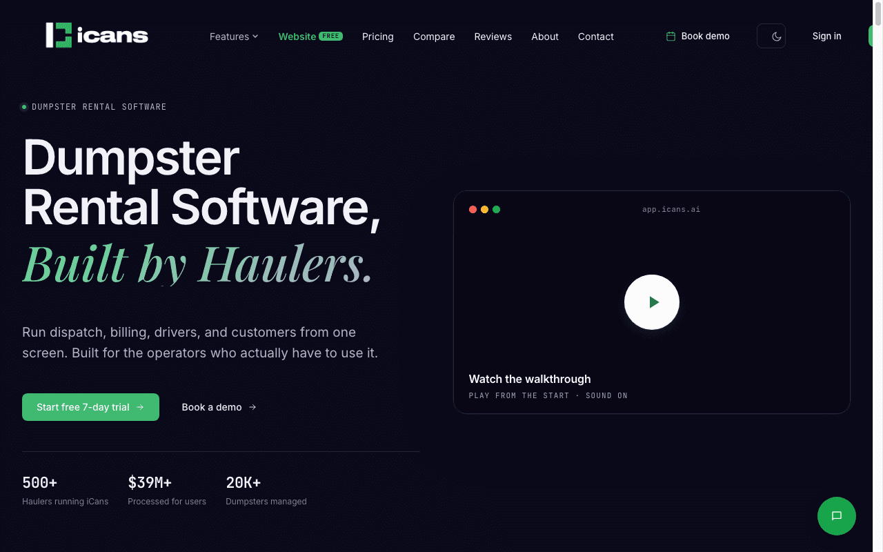 iCans dumpster software website homepage and dispatch software preview