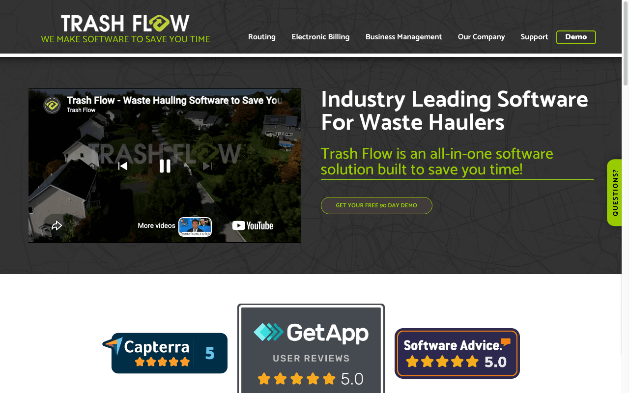 Trash Flow waste management software website homepage and modular system preview