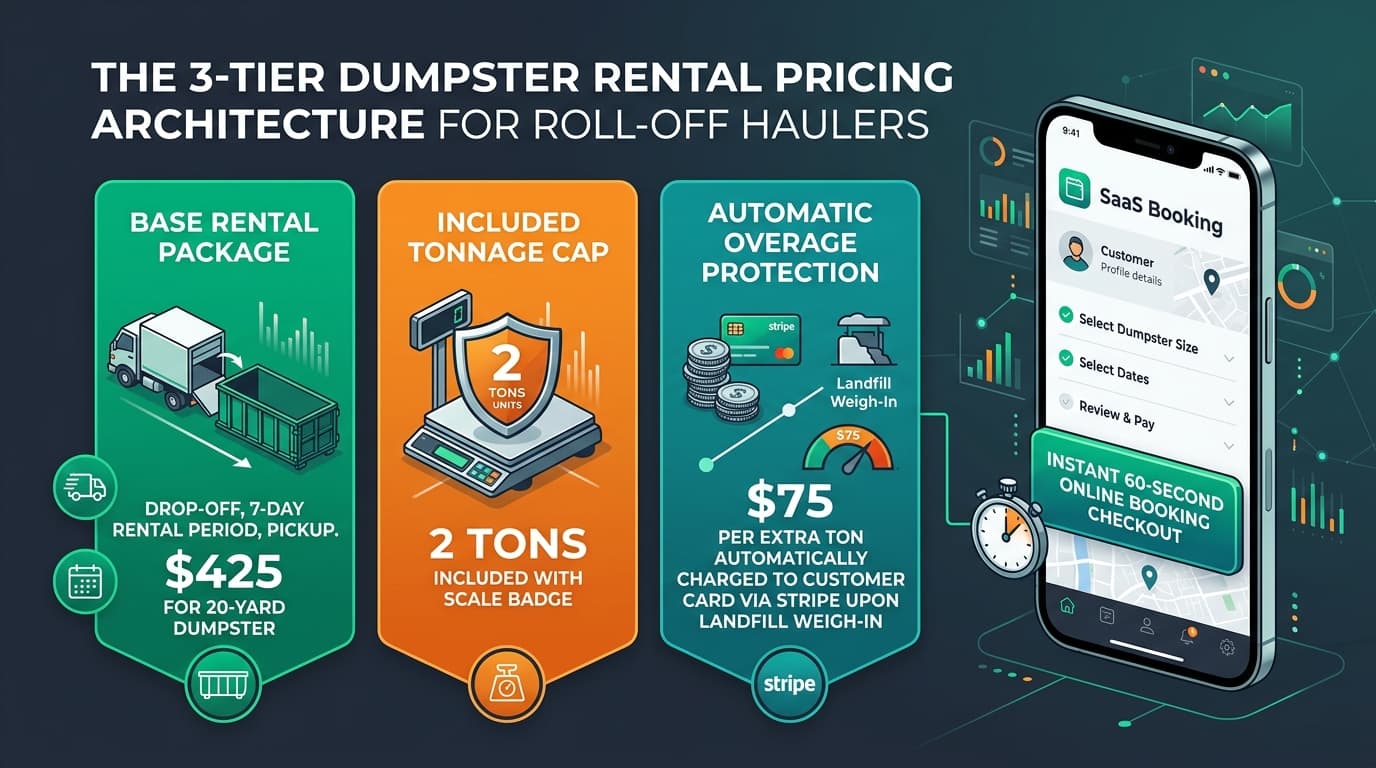 The 3-tier dumpster rental pricing architecture showing base rental package included tonnage cap and automatic overage protection