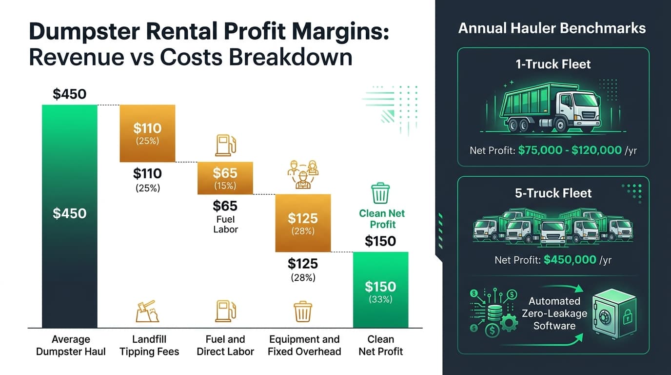 Dumpster rental profit margin waterfall chart showing revenue breakdown between landfill tipping fees fuel overhead and net profit
