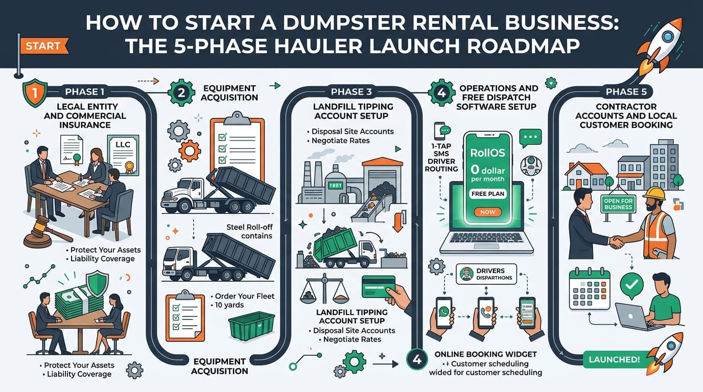 How to start a dumpster rental business 5-phase hauler launch roadmap infographic