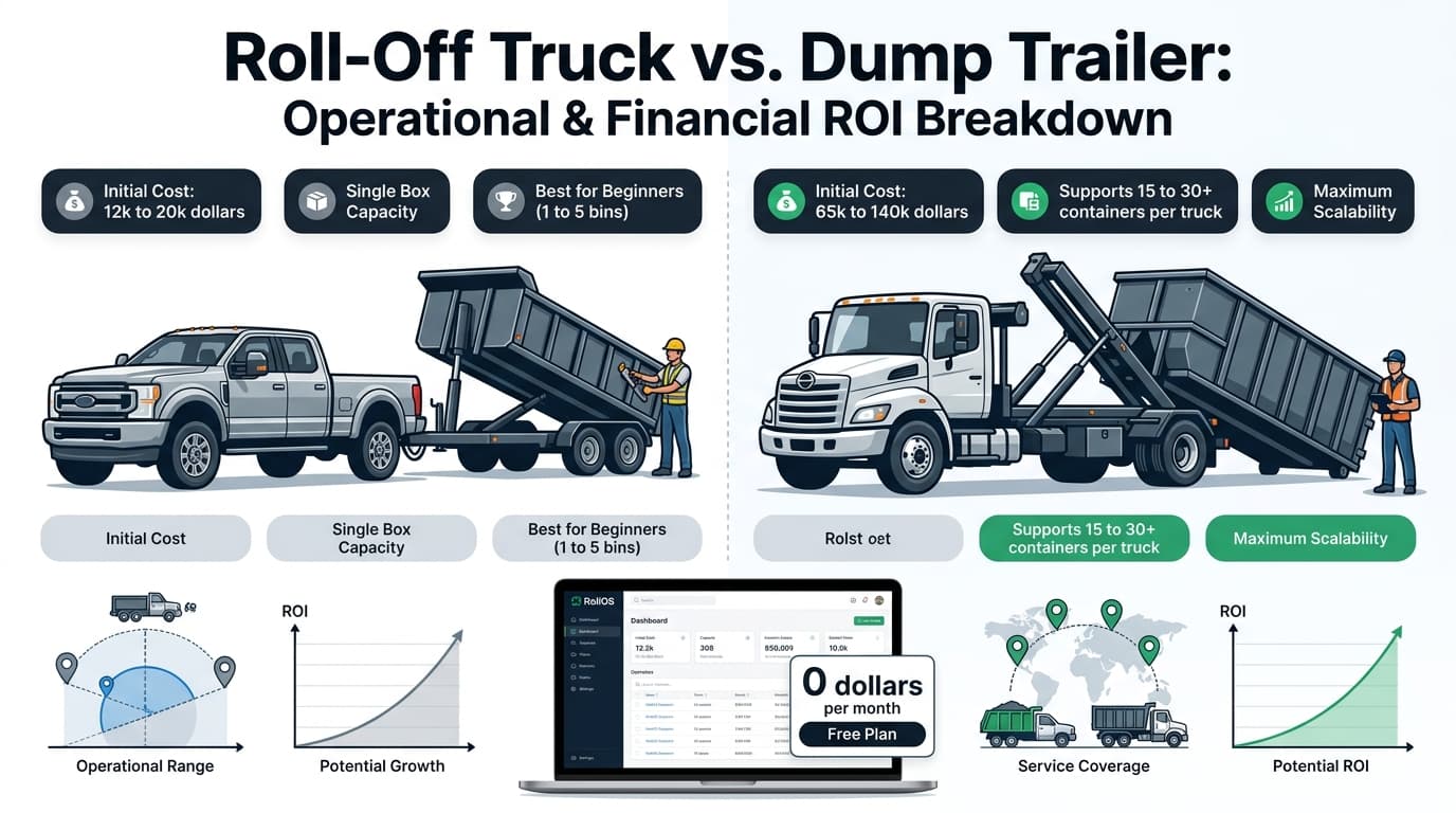 Roll-off truck vs dump trailer operational and financial ROI comparison infographic
