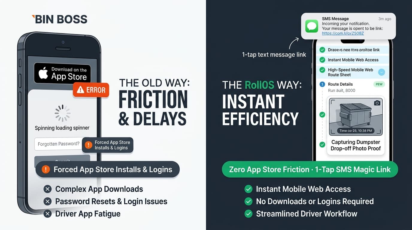 Bin Boss driver app download friction vs RollOS instant mobile web dispatch magic links