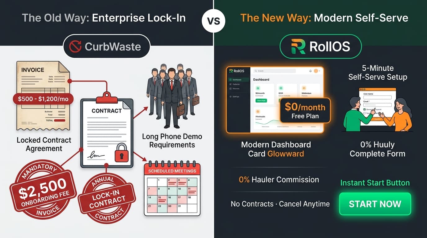 CurbWaste enterprise pricing and lock-in contracts vs RollOS modern self-serve $0 dumpster software