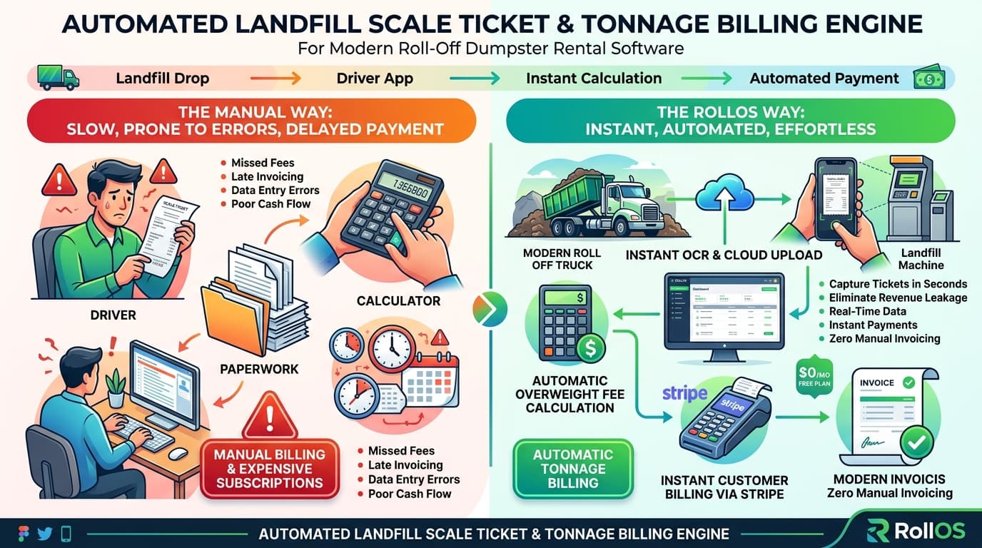 Automated landfill scale ticket and tonnage billing engine workflow comparison: manual paperwork vs RollOS instant automation