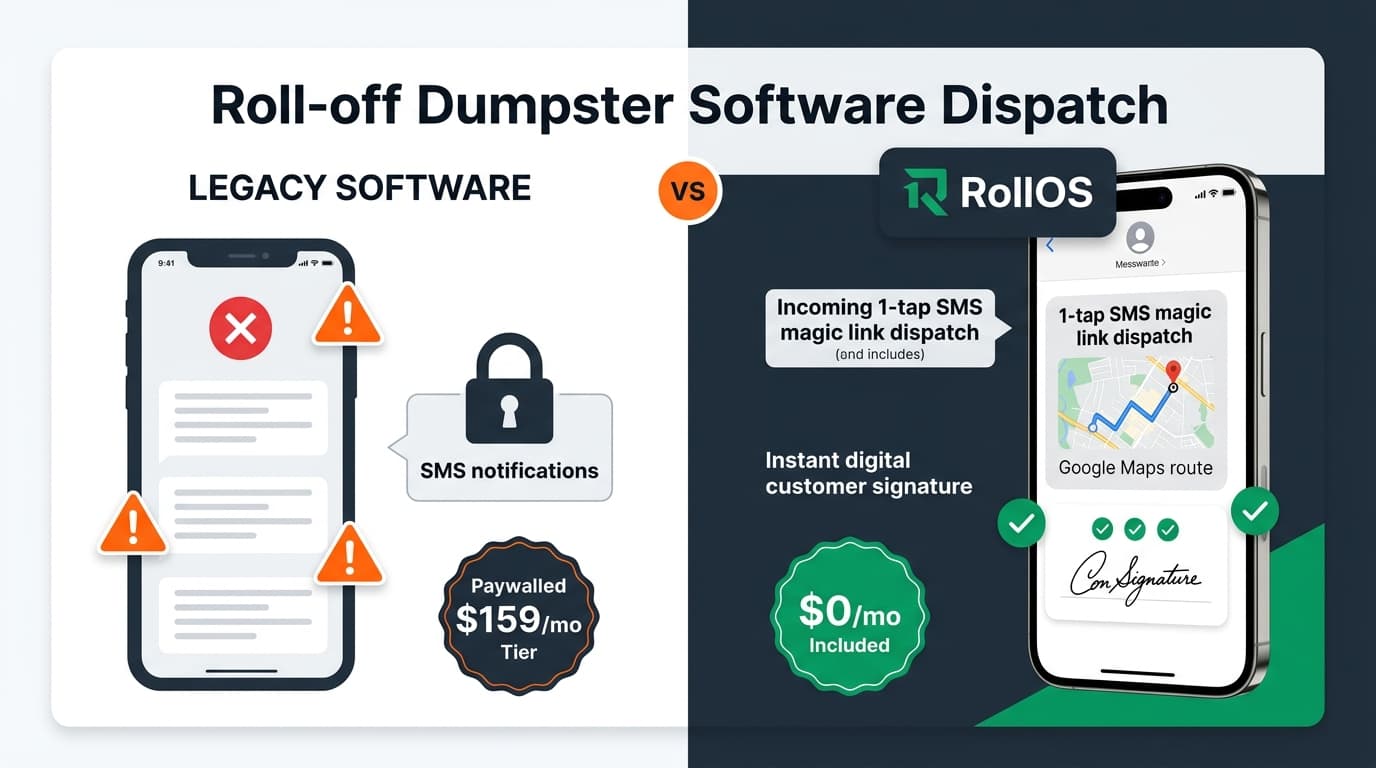 Roll-off dumpster software dispatch workflow comparison: legacy paywalled SMS vs RollOS 1-tap SMS magic link