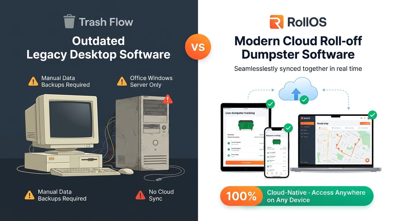 Trash Flow legacy on-premise Windows server vs RollOS 100% cloud dumpster rental software