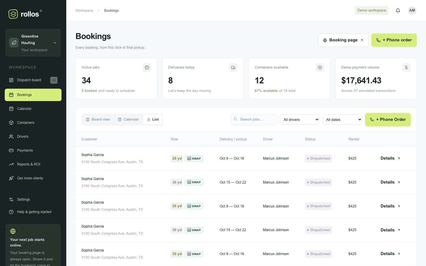 RollOS dumpster rental online booking system checkout interface