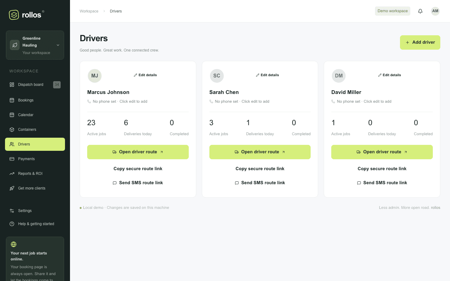 RollOS mobile driver SMS delivery proof interface running on smartphone