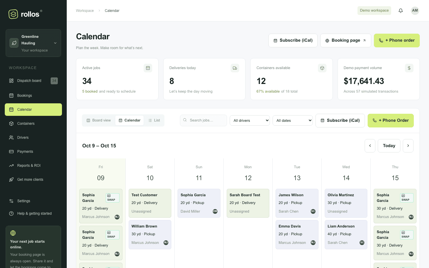 Roll-off container delivery and pickup calendar dispatch view