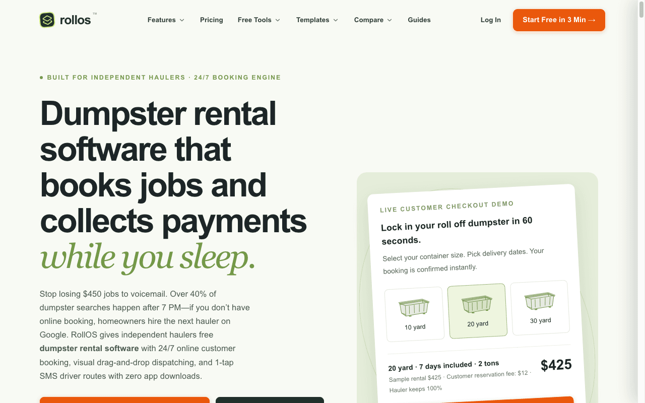 RollOS cloud dumpster rental software homepage showing modern multi-device dispatching